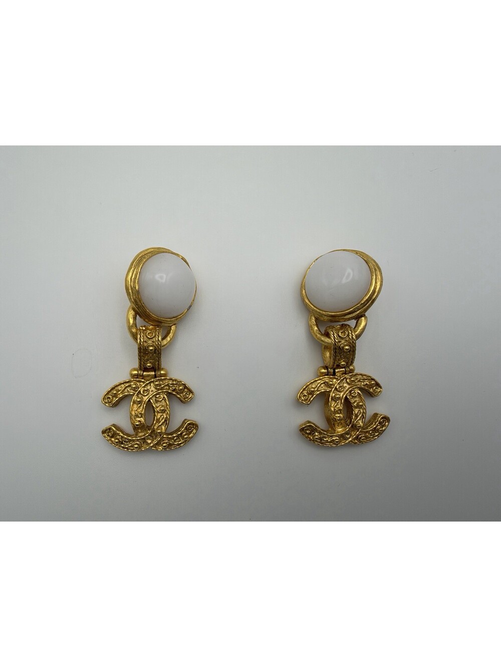 Authentic Vintage CHANEL Faux Pearl Gold-Tone Clip On Dangle Earrings CC Logo